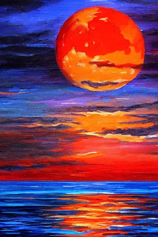 Prompt: red moon reflecting in the sea, night, low angle, in the style of Afremov Leonid