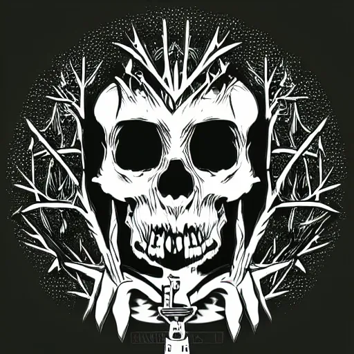 Image similar to dark death metal themed vector illustration for a record label, trees. forest, spikes, skull, microphone, skull, award winning, grunge, iconic, golden ratio