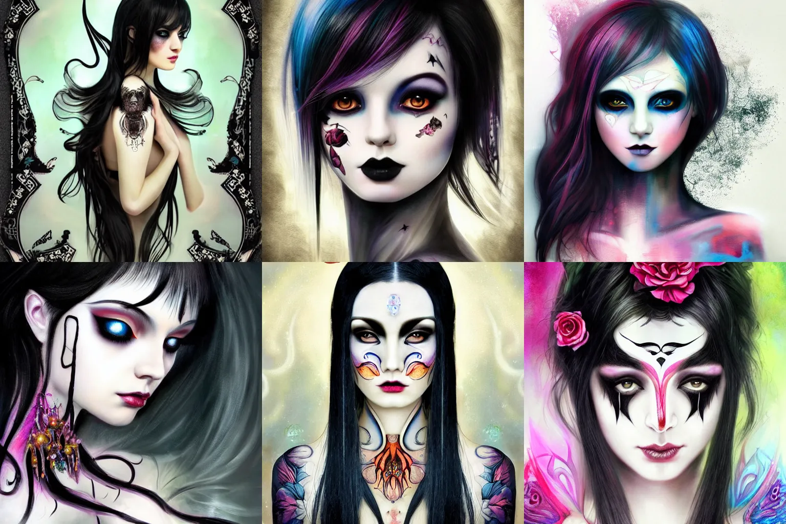 Prompt: beautiful painting of a dark gothic fairy, black hair, bangs, symmetrical face two identical symmetrical eyes, smooth skin, gorgeous feminine figure, face painted by Stanley Lau, colors by Ross Tran, composition by James Jean, background design by Yoshitaka Amano, amazing colors, bust up, with intricate and vibrant iridescent line work, Trending on Artstation, Exquisite detail.