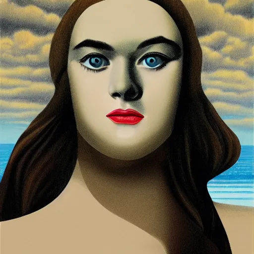 Prompt: professional painting of Elle Fanning in the style of Rene Magritte, head and shoulders portrait, symmetrical facial features, smooth, sharp focus, illustration, intricate, stormy weather, extremely detailed masterpiece,