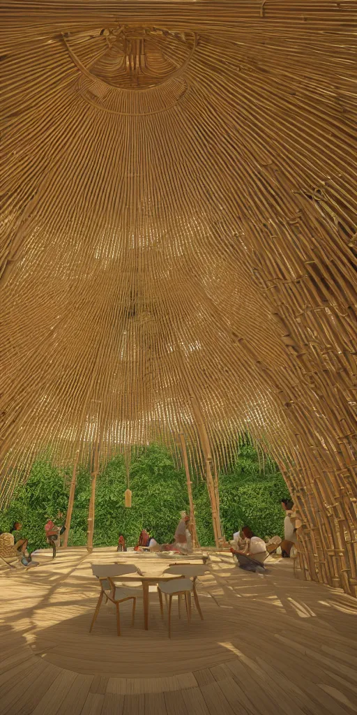 Prompt: inside small pavilion made of bamboo. complex curved vaulting structure. a large crowd at a party. architectural photography. octane render, 4 k, 8 k. volumetric lighting.