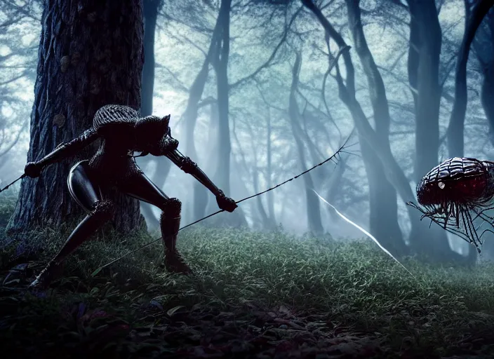 Prompt: knight fights off a crystal clear spider in a forest. highly detailed 8 k. intricate. lifelike. soft light. fantasy horror style. cinematic post - processing