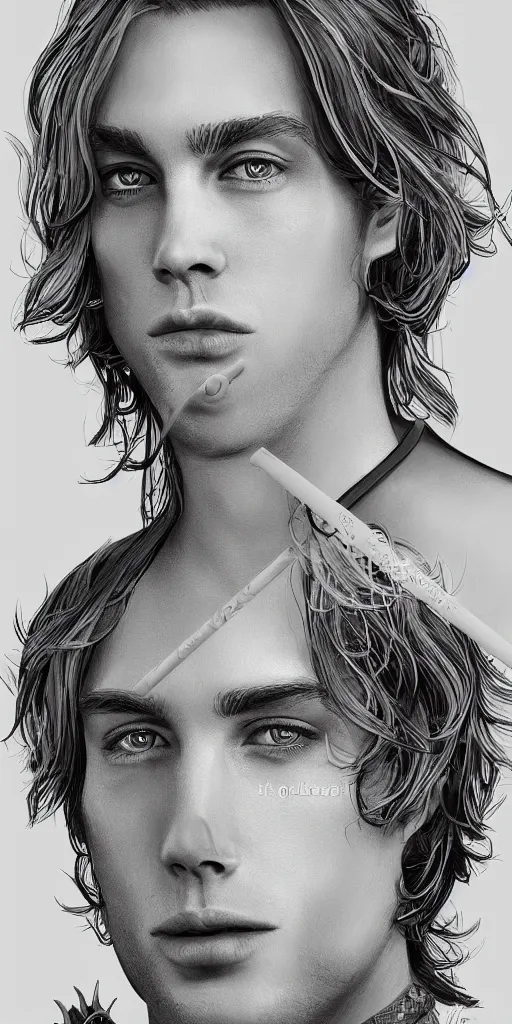 Prompt: portrait of a handsome gorgeous male satanic dirty blonde haired hippie that looks like cody fern with a straw jawline with long hair and blue eyes as the human prince of satan and lucifer, artstation