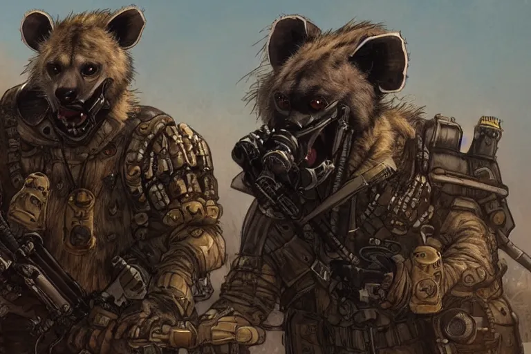 Image similar to a good ol'hyena fursona ( from the furry fandom ), heavily armed and armored facing down armageddon in a dark and gritty version from the makers of mad max : fury road. witness me.
