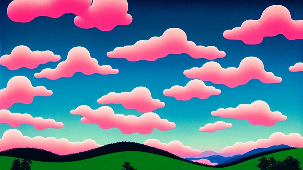 Prompt: a beautiful hilly landscape. little trees. evening sky. pink puffy cotton candy clouds. evening light. chiho Aoshima.
