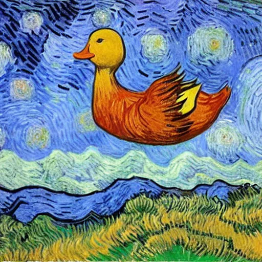 Image similar to flying duck, by van gogh