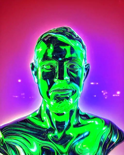 Prompt: dramatic cyberpunk portrait of a metallic marble bust, crystalline, red glow, green glow, blue glow, atmospheric haze, intense shading, optic ripple, backlit, bokeh, centered