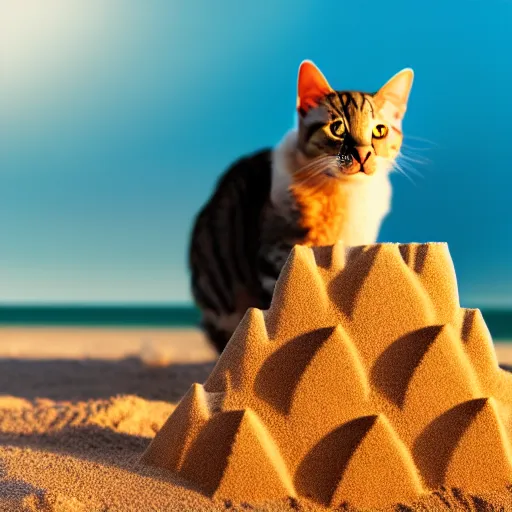 Prompt: photo of a cat building a sandcastle on a beach, photorealistic, 8 k photo, golden hour, award winning