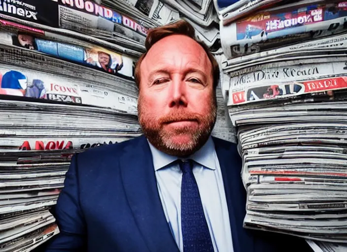 Image similar to dslr photo still of infowars host alex jones in a blue suit fat grey beard and mustache in a!!! room filled to the ceiling with newspapers newspapers to the ceiling newspapers everywhere stacks of newspapers!!!!!! looking at an iphone in shock!!!, 5 2 mm f 1. 8