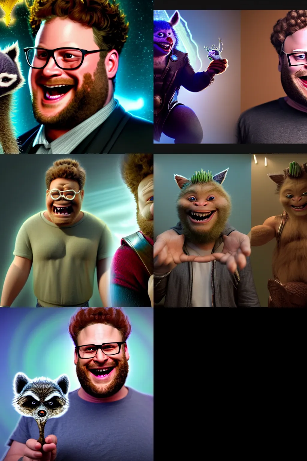 Prompt: a beautiful and intricate 3 d render of a laughing seth rogen poorly disguised as an extra - terrestrial holding a racoon in the style of the movie thor ragnarok ( 2 0 1 7 ) and mobius, escher, junji ito, detailed, cinematic, studio lighting, magic realism, artstationhq, unreal engine 5, volumetric fog, volumetric light