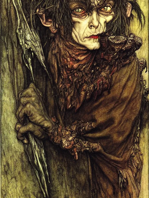 Image similar to Evil goblin. Extremely high detail, details, realistic, masterpiece, colorful. Portrait painting by Arthur Rackham, Muzinabu, Johann Tischbein, Eugene de Blaas, Frederic Leighton, Harry Clarke