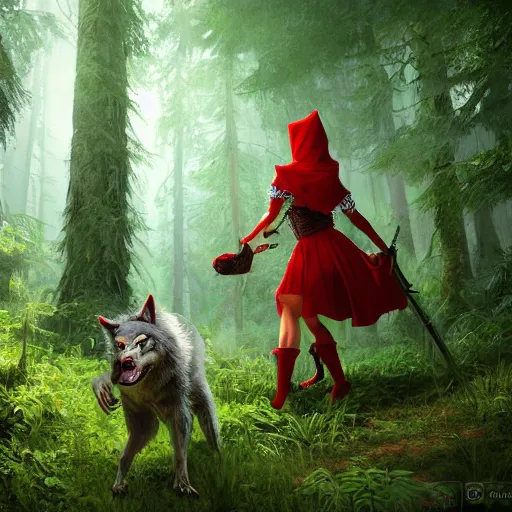 Prompt: portrait of a cute and beautiful, smirking heavily armed little red riding hood, getting attacked by a werewolf from behind in a lush green forest, sharp focus, unreal engine 5, digital illustration, volumetric light, highly detailed, intricate, by michael whelan, james gurney, 8 k