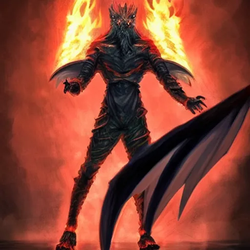 Prompt: full body anime style dragon in humanoid form, bald with a beard made of fire. fantasy style. very punk / alt aesthetic. wings and tail, a highly detailed, digital painting, artstation, concept art, matte, sharp focus, illustration, art by artgerm and greg rutkowski