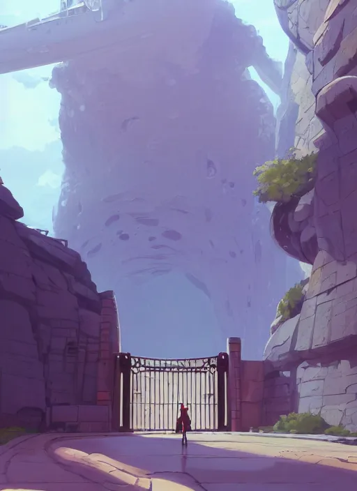 Image similar to warm canyon with giant gate entrance, nuclear powered, detailed, futuristic, cory loftis, james gilleard, atey ghailan, makoto shinkai, goro fujita, studio ghibli, rim light, exquisite lighting, clear focus, very coherent, plain background