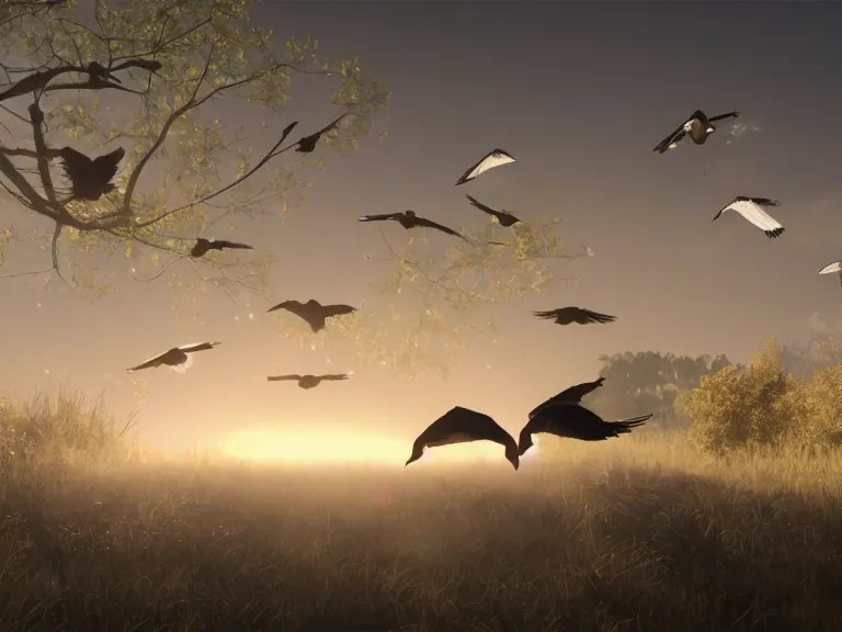 Image similar to geese dreaming of a better life, where no one will harm them, where love conquers all, 8 k, ultra realistic, lens flare, atmosphere, glow, detailed, intricate, full of colour, cinematic lighting, trending on artstation, 4 k, hyperrealistic, focused, extreme details, unreal engine 5, cinematic, masterpiece