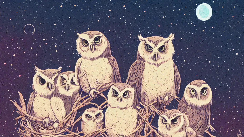 Prompt: very detailed, ilya kuvshinov, mcbess, rutkowski, watercolor illustration of nest of baby owls at night, colorful, deep shadows, astrophotography, highly detailed, wide shot