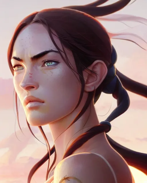 Image similar to azctec warrior, megan fox, detailed perfect face, exquisite details, fire magic, mid view, design on a white background, by studio muti, greg rutkowski makoto shinkai takashi takeuchi studio ghibli