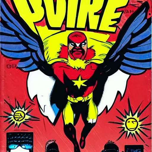 Prompt: comic book cover about superhero called eagle man, superhero with eagle mask and wings logo, issues 1, realistic