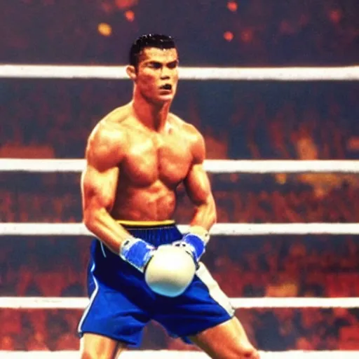 Prompt: movie still of cristiano ronaldo as ivan drago knocking out rocky balboa in rocky 4,