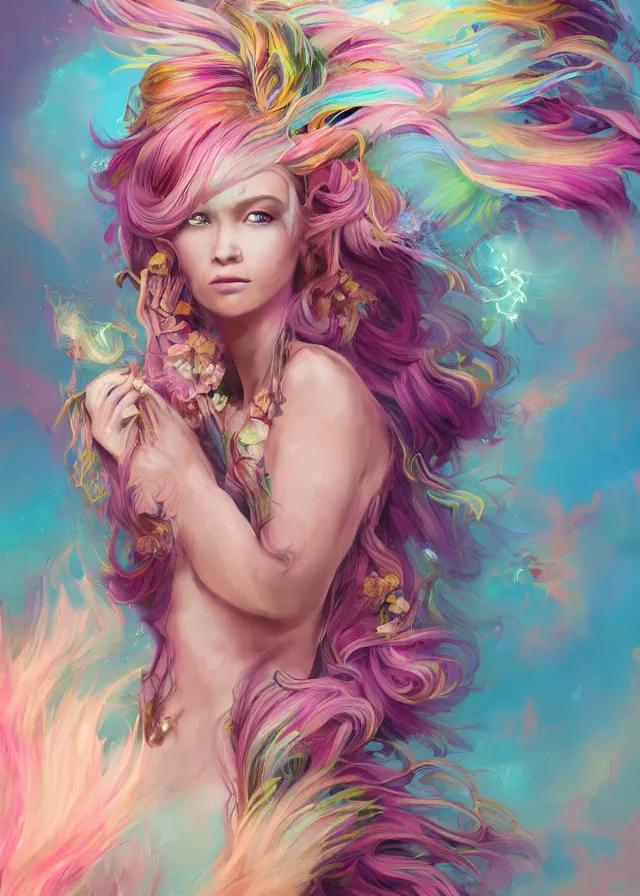 Image similar to a colorful and provenance illustrations painting of the fantasy female who with floral wing, highly detailed, her hair made of hair made of air wind and curling smoke, mist, dust, genie, spirit fantasy concept art, art by ketner and jeremiah, trending on artstation.