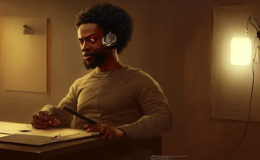 Image similar to light skin black man with headphones at his home studio producing music late at night, very detailed, 4 k, concept art like ernest khalimov, intricate details, highly detailed by greg rutkowski, ilya kuvshinov, gaston bussiere, craig mullins, simon bisley