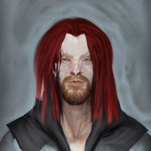 Image similar to A man with red hair parted in the middle in a surfer's cut, straight hair down to the ear. His left eye has three diagonal wounds, but the eye is open. He wears a black cloak with a collar. painted fantasy character portrait, head shot, concept art, sharp focus, highly detailed, illustration, trending on artstation, art by greg rutkowski