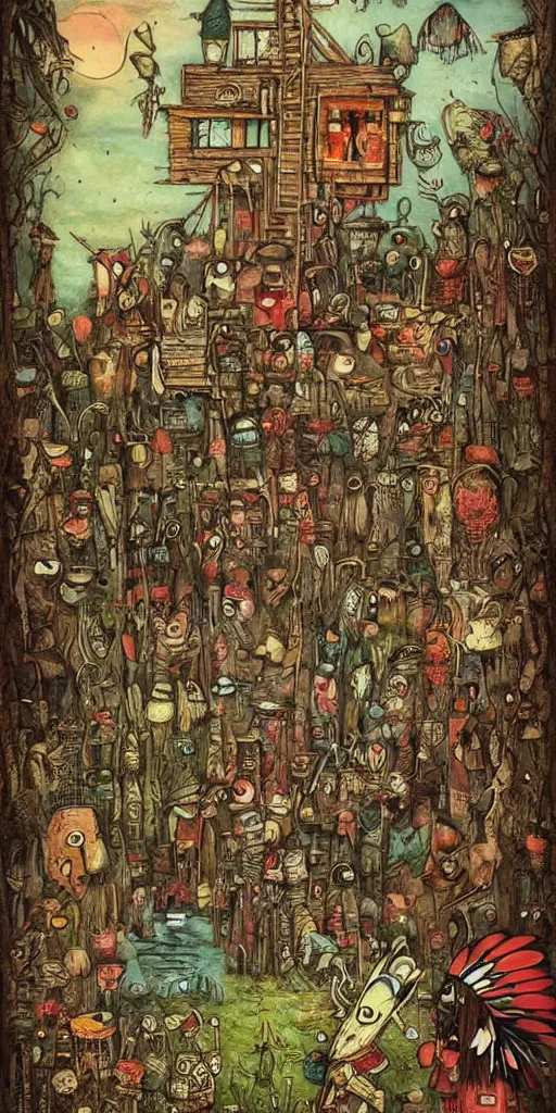 Prompt: a pilgram and native american scene by alexander jansson and where's waldo