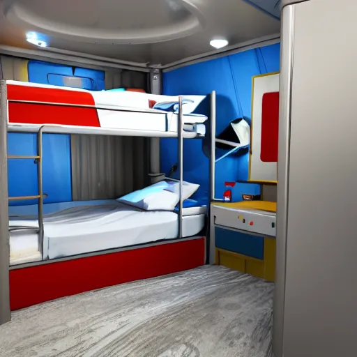 Prompt: bedRoom of a spacecraft, with a bunk bed, photo realistic, playing, CGI, Unreal Engine, Hdri