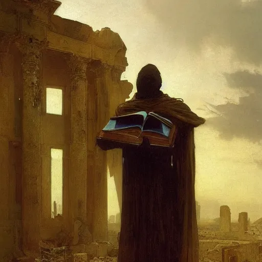 Prompt: half portait of magican wearing a closed cowl and big old book! chained to the wrist, jeremy mann, jean leon gerome, tiepolo, alphonse mucha, greg rutkowski, face in the shadows, ( ( ruins of ancient rome ) ), at dusk, mysterious atmosphere, sunrays, dof, high detailed, 8 k