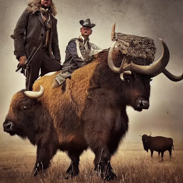 Image similar to incredible modern evocative sentimental artwork of buffalo hunters, buffalo emotion midnight in the style of tim walker fashion photography, buffalos hunting hunters, larger than life