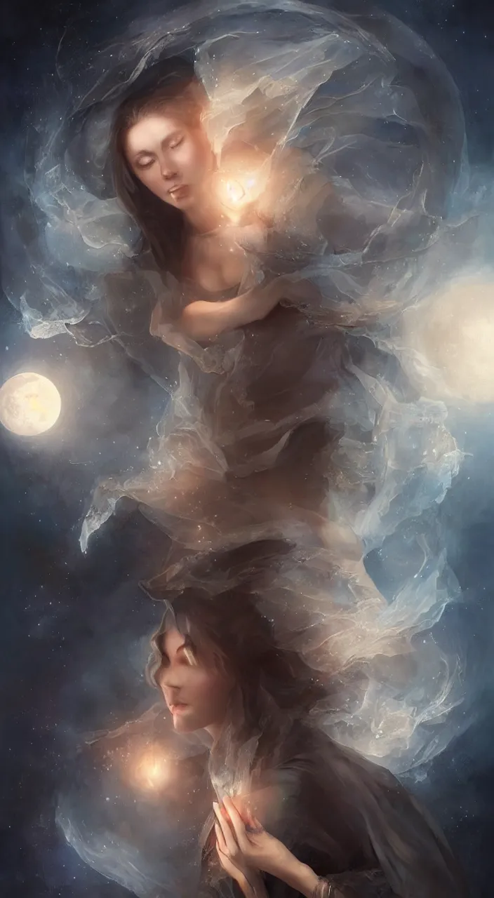 Prompt: a beautiful young witch with a crystal ball, a moon in the sky above, painted by artgerm and tom bagshaw, fantasy art, dramatic lighting, highly detailed oil painting, volumetric lighting