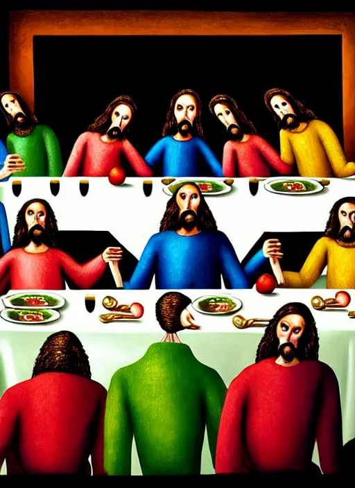 Prompt: realistic detailed last supper image of a criminal insect clan in baroque clothes in an old italian restaurant full of long legged birds eating colorful alien brain salad and roasted rainbow dishes and drinking sparkling wine by Bel Fullana, Adrian Ghenie, Storm Thorgerson, and Tony Matelli, neo expressionism art, semi naive, neo noir, rich deep colors, cinematic. Beksinski painting, part by Hilma af Klint and Gottfried Helnwein. art by Ron Mueck. masterpiece