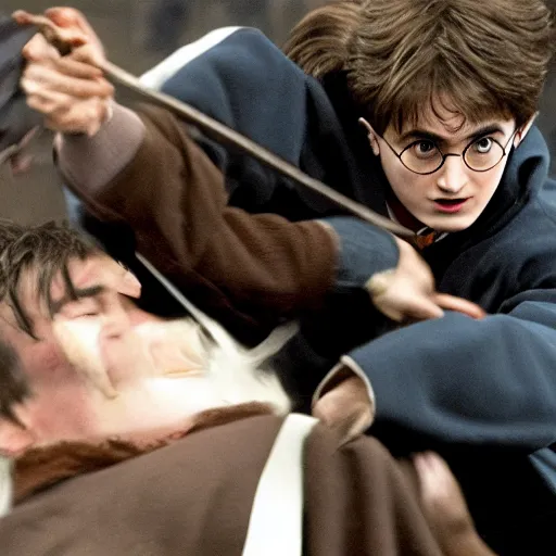 Image similar to harry potter smashes a man in the face with a chair