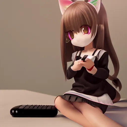 Prompt: cute fumo plush of a cat girl typing on a phone, velvet, anime girl, vray