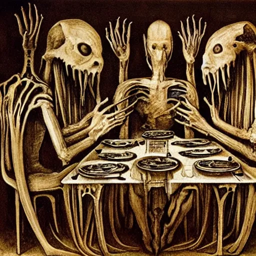 Prompt: last dinner da vinci by Rudolf Giger;