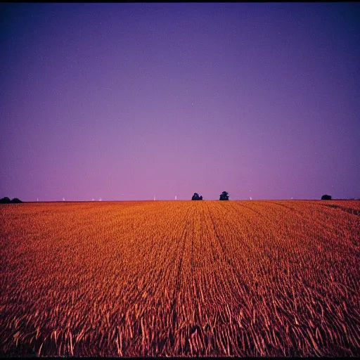 Image similar to photo, cornfield at night, 5 0 mm f / 1. 4, cinestill 8 0 0,