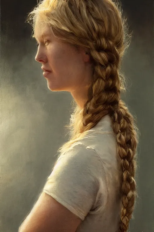 Prompt: pregnant woman in t-shirt by Alyssa Monks, Gaston Bussiere. blond braid, top-down view, urban dystopia, hyper realism, realistic proportions, dramatic lighting, high detail 4k