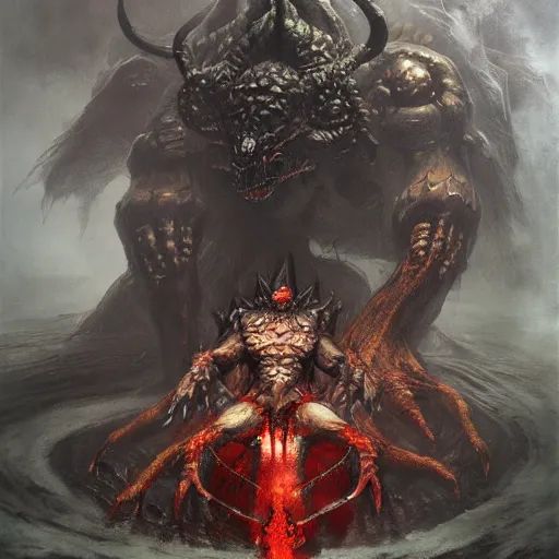 Image similar to concept art of bowser gigantic and demonic with huge horns and scales and talons, resident evil, horror, a painting by beksinski, by ruan jia, by austin osman spare, symbolist painting, mist, volumetric render, digital painting, detailed painting, occult