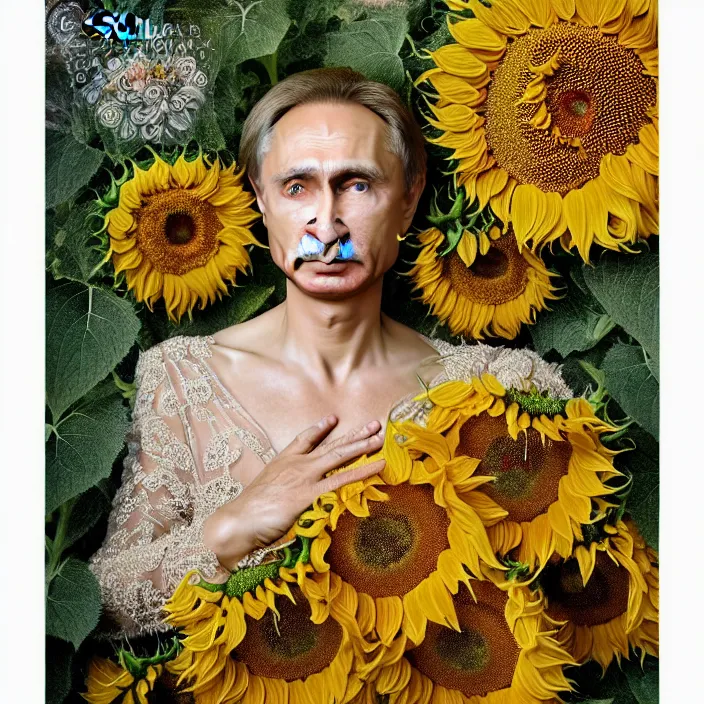 Image similar to photo portrait of Vladimir Putin - sunflowers - dressed in long elegant intricate ornamental ethereal sunflower dress, natural skin tone, highly detailed realistic flowers ornament in the upper side of breast, hair and wrinkles are intricate with highly detailed realistic flowers, elegant, Realistic, Refined, Highly Detailed, natural soft pastel lighting colors scheme, fine art photography by Cecil Beaton, volumetric lighting, hyper realistic photography