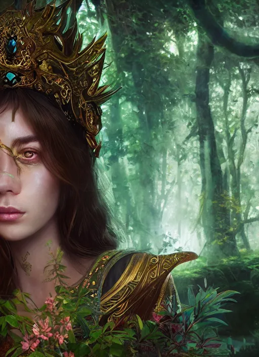 Image similar to Beautiful art portrait of a female fantasy priestess in a bright temple surrounded by lush forest, atmospheric lighting, intricate detail, cgsociety, hyperrealistic, octane render, RPG portrait, ambient light, dynamic lighting