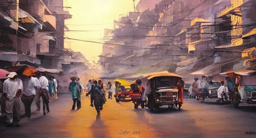 Image similar to calcutta streets, artwork by salman toor, cinematic light, atmospheric effects