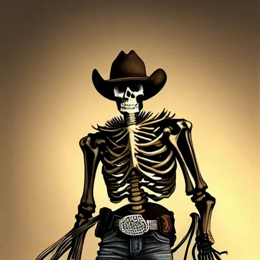 Prompt: Skeleton cowboy, digital art, artstation, realistic, detailed, western