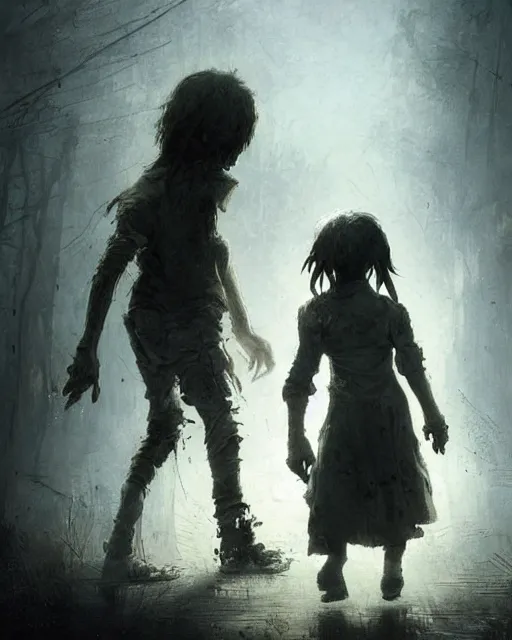 Prompt: a child zombie walking toward a scared teenager that fell on the ground by jean baptiste monge and greg rutkowski