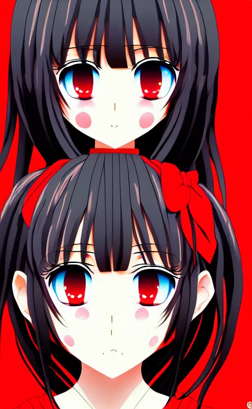 Image similar to anime girl in red outfit, detailed face, black hair, illustration