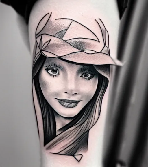 Image similar to tattoo design sketch of a beautiful girl with a faded mountain background, in the style of den yakovlev, black and white, realism tattoo, hyper realistic, highly detailed