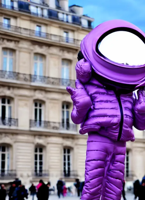 Image similar to purple alien wearing white puffer jacket, in paris, they hold a model ufo, in the style of jojo's bizarre adventure,