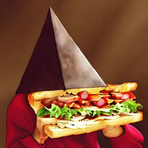 Image similar to Pyramid head trying to eat a sandwich