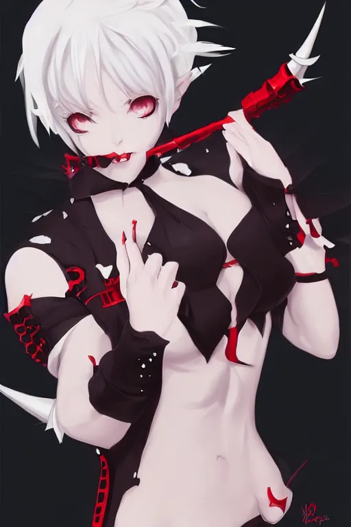 Prompt: A white haired devil girl with horns, anime style, red eyes, cute, in style of Krenz Cushart and Ilya Kuvshinov