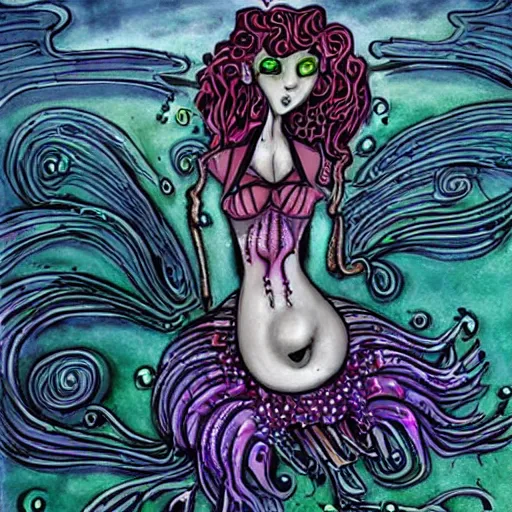 Prompt: a robotic mermaid, art by tim burton