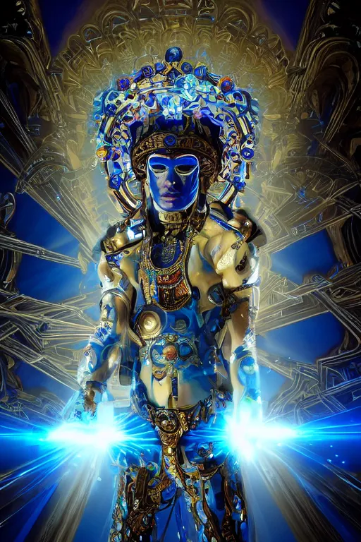 Prompt: full-body sculpture of a young handsome Latino prince as a half cibernetic android with a glowing blue diamong in his chest, white laser beams coming out of his eyes, crown of giant jewels, flowing neon-colored silk, geometric shapes in a cyperbunk and baroque style. intricate artwork by caravaggio. Trending on artstation, octane render, cinematic lighting from the right, hyper realism, octane render, 8k, depth of field, 3D